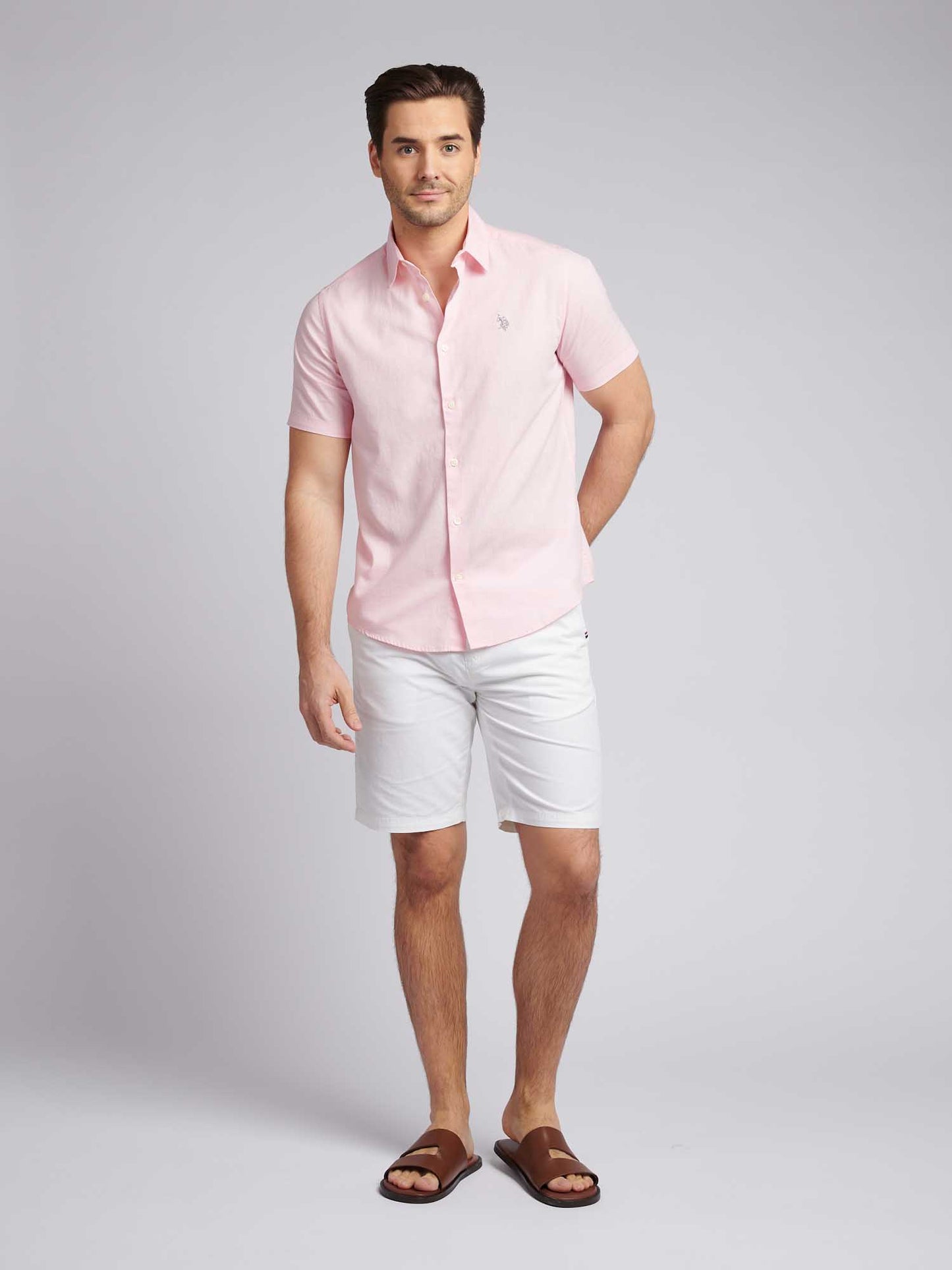 Mens Linen Blend Short Sleeve Shirt in Pink a Boo