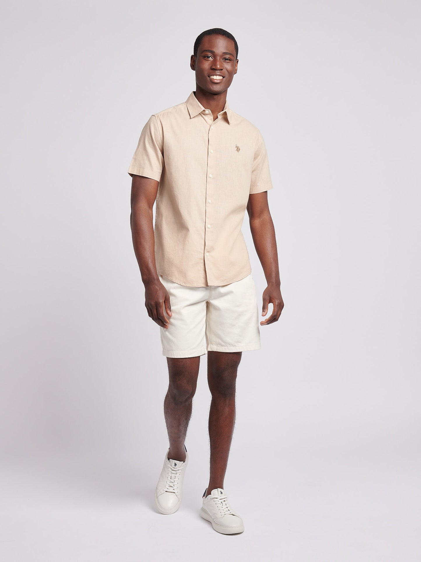 Mens Linen Blend Short Sleeve Shirt in Doeskin