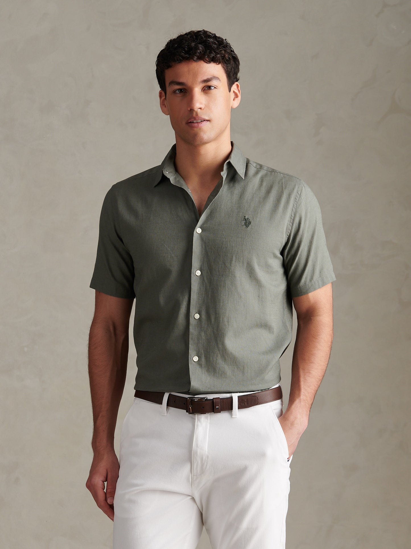 Mens Linen Blend Short Sleeve Shirt Mulled Basil