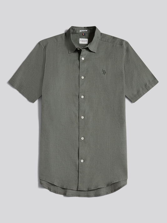 Mens Linen Blend Short Sleeve Shirt Mulled Basil