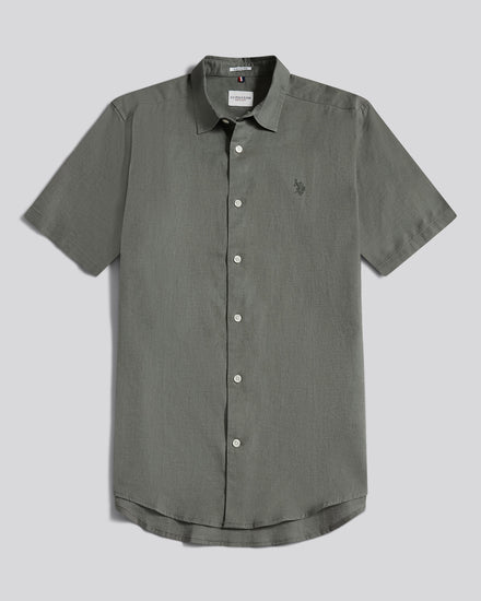 Mens Linen Blend Short Sleeve Shirt Mulled Basil