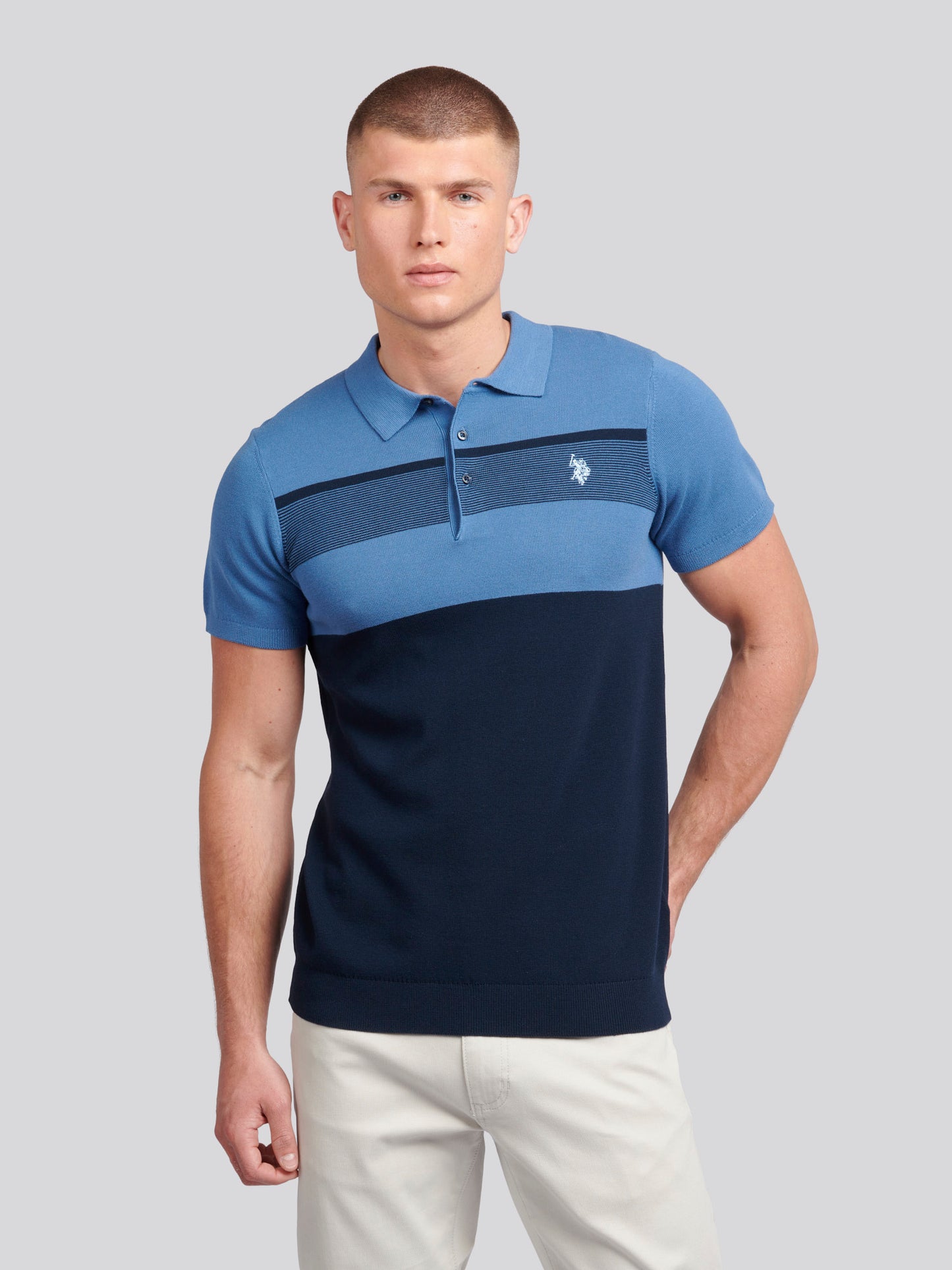 Mens Regular Fit Stripe Knit Polo Shirt in Blue Horizon