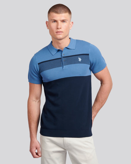 Mens Regular Fit Stripe Knit Polo Shirt in Blue Horizon