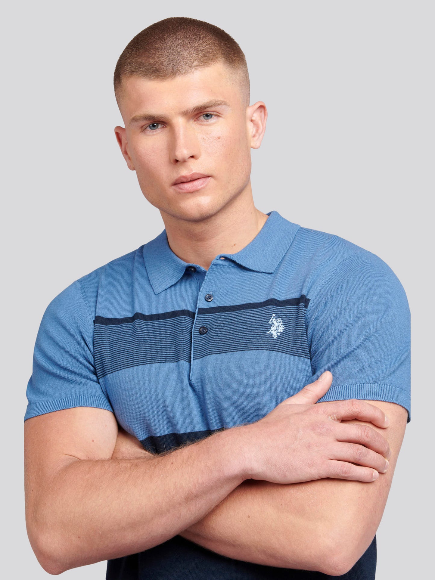 Mens Regular Fit Stripe Knit Polo Shirt in Blue Horizon