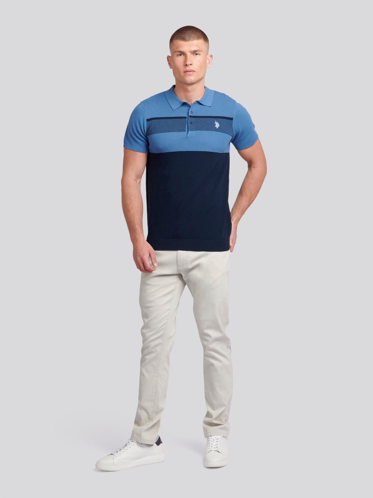 Mens Regular Fit Stripe Knit Polo Shirt in Blue Horizon