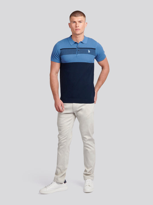 Mens Regular Fit Stripe Knit Polo Shirt in Blue Horizon