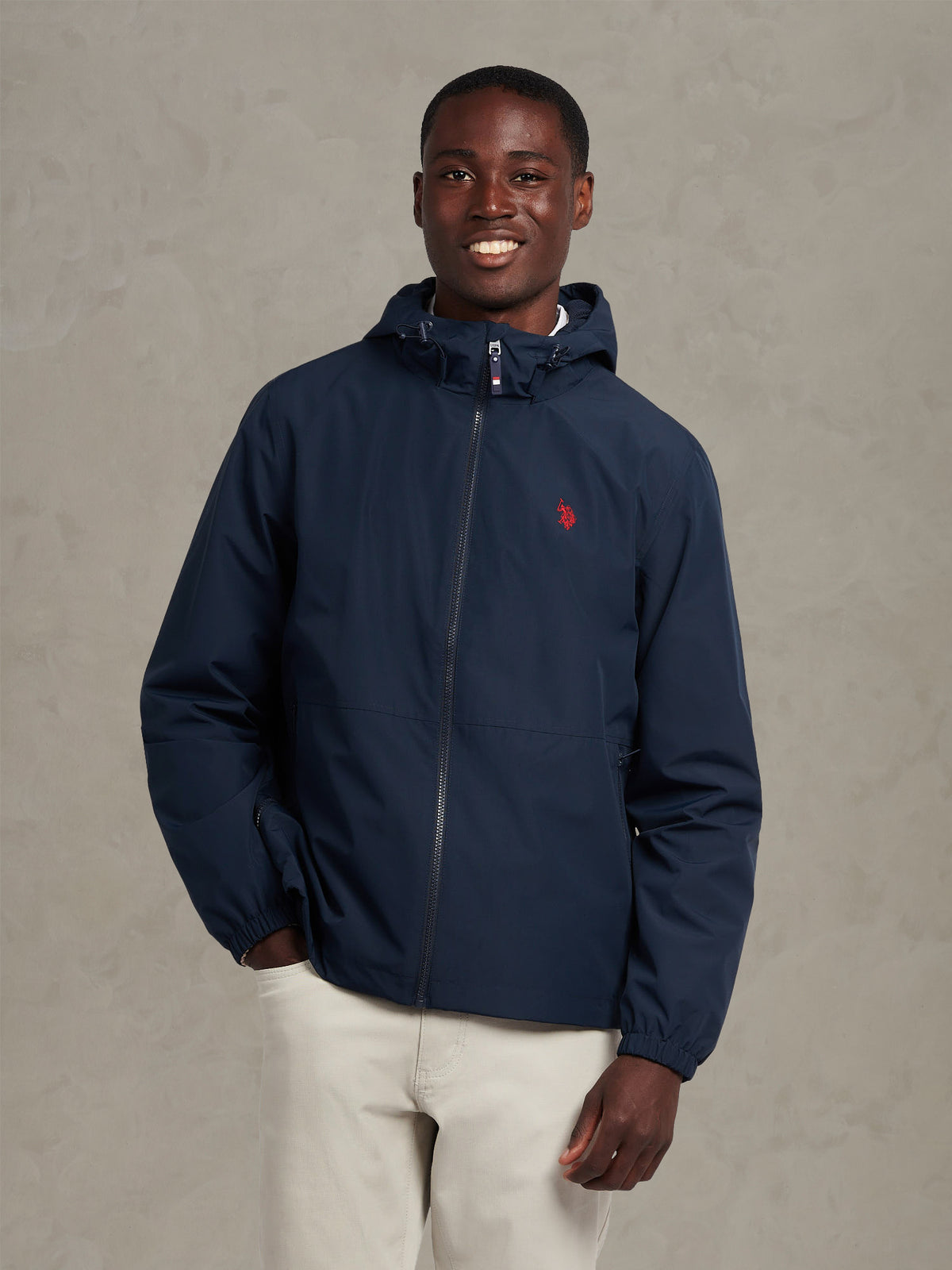 Mens Hooded Windbreaker Dark Sapphire Navy / Haute Red DHM