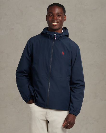 Mens Hooded Windbreaker Dark Sapphire Navy / Haute Red DHM