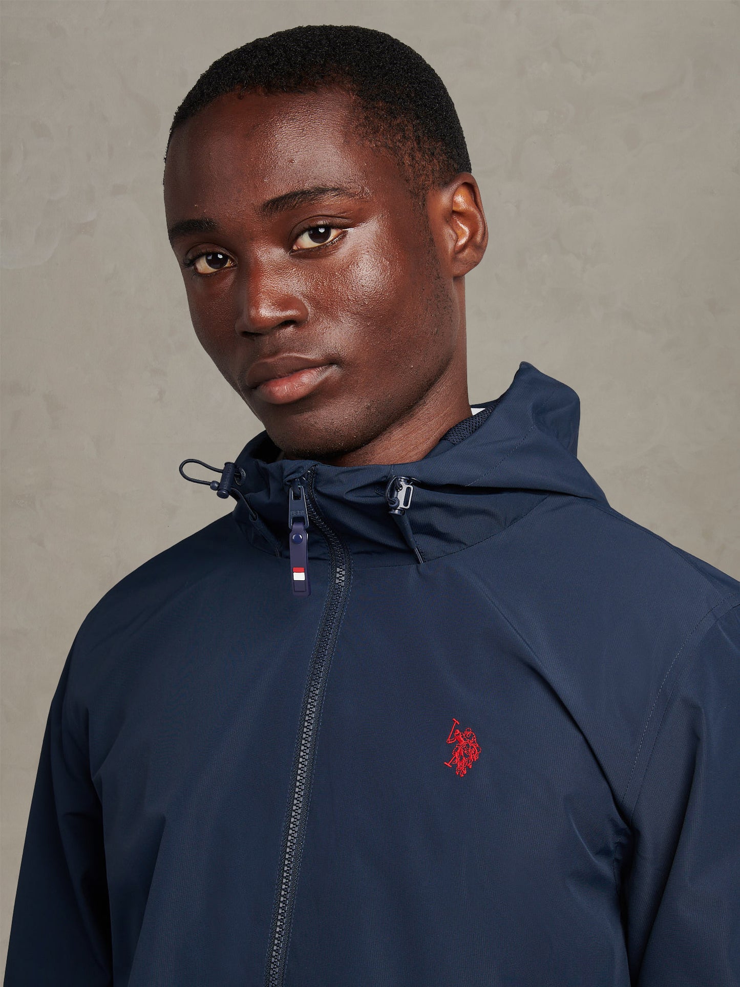 Mens Hooded Windbreaker Dark Sapphire Navy / Haute Red DHM