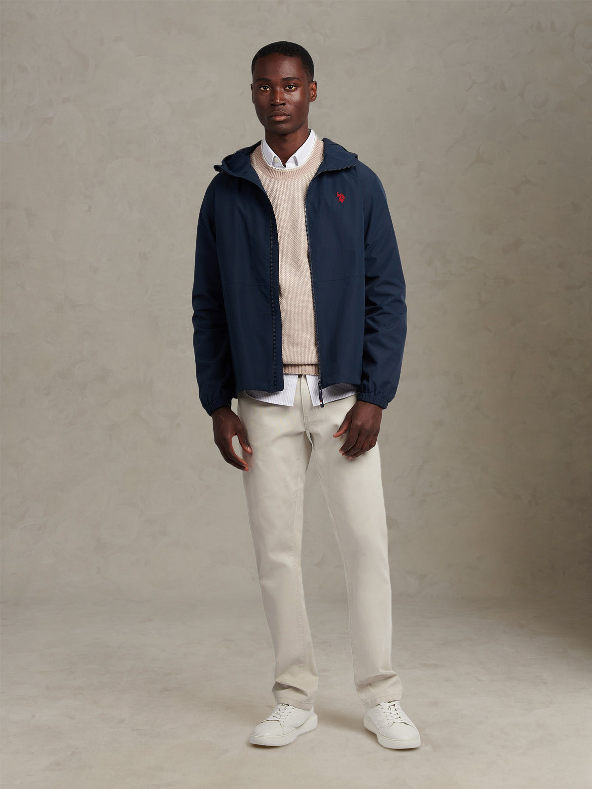 Mens Hooded Windbreaker Dark Sapphire Navy / Haute Red DHM