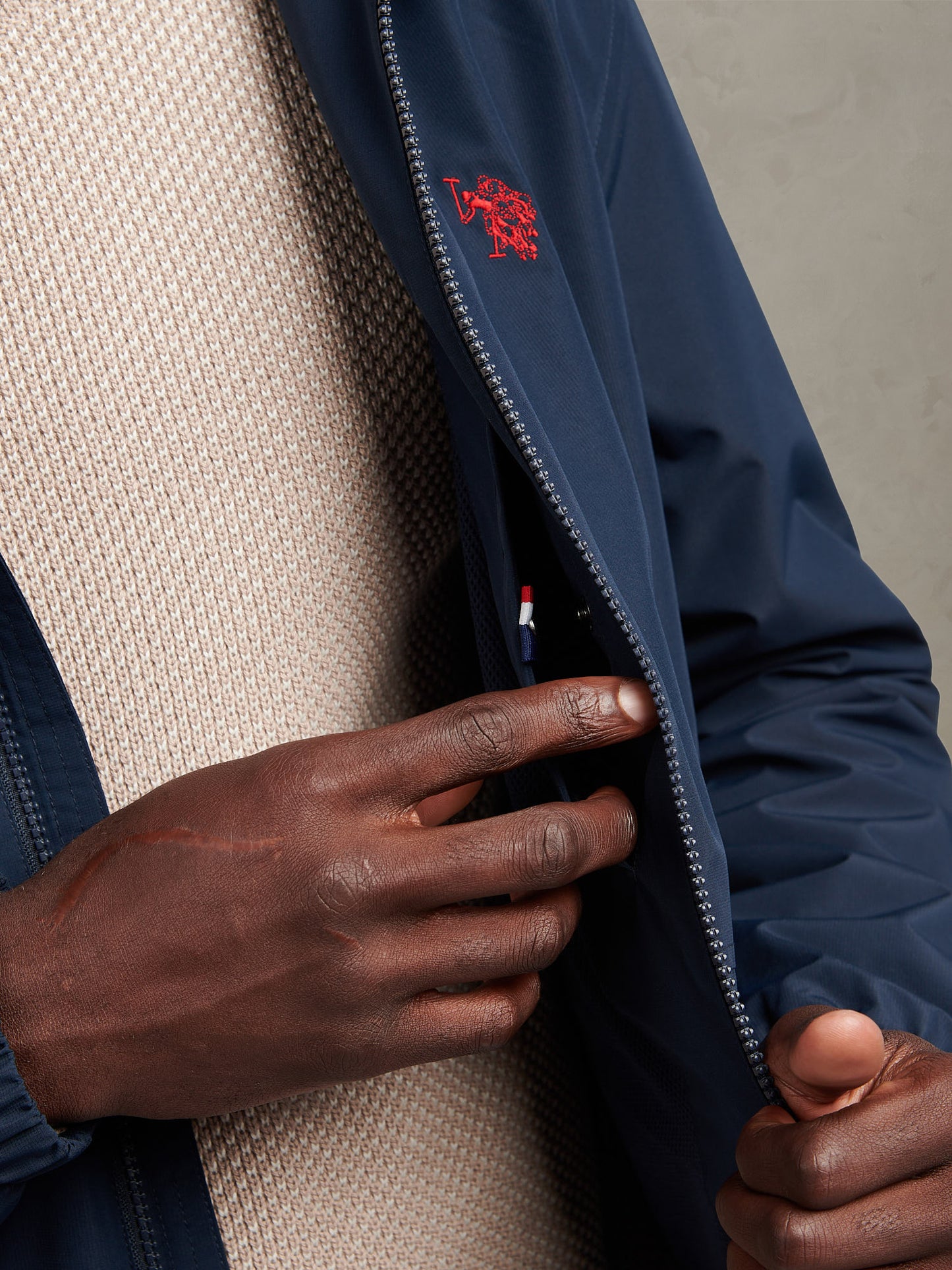 Mens Hooded Windbreaker Dark Sapphire Navy / Haute Red DHM