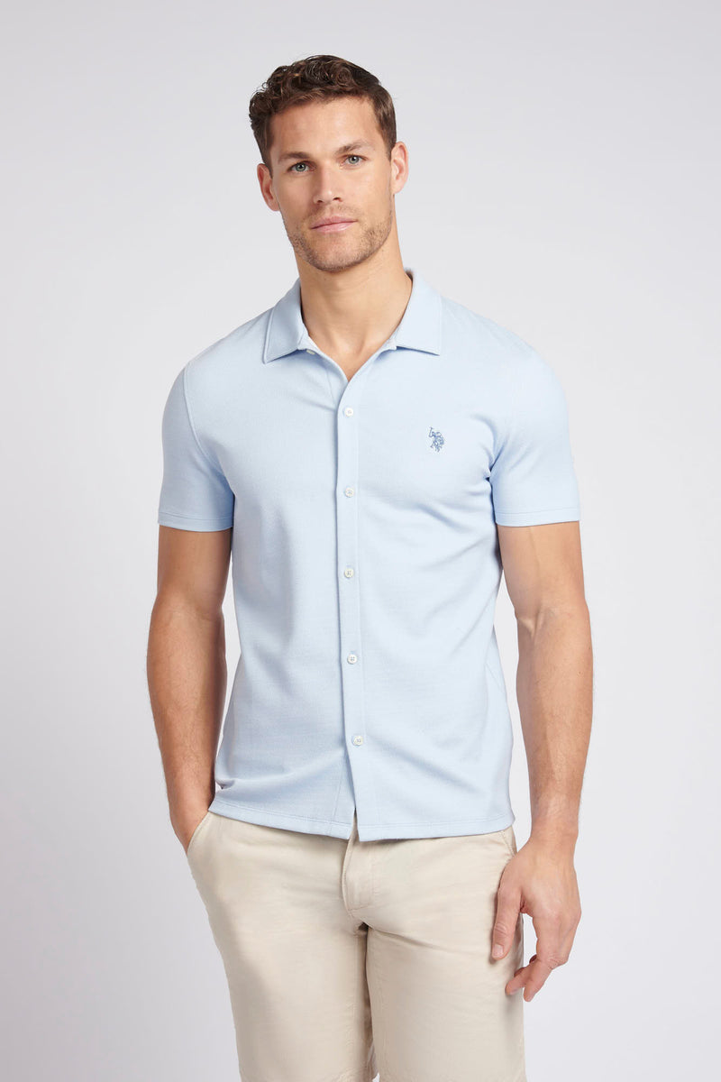Mens Regular Fit Texture Short Sleeve Shirt in Chambray Blue
