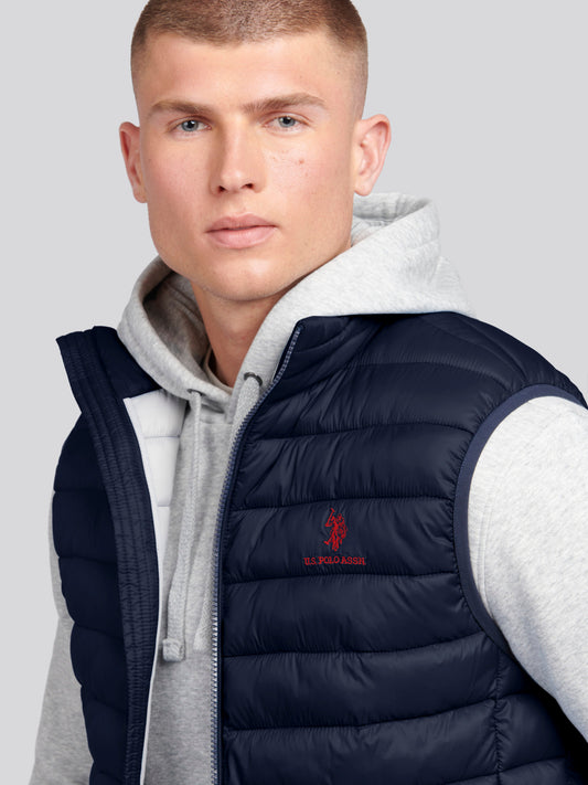Mens Bound Quilted Gilet in Dark Sapphire Navy / Haute Red DHM