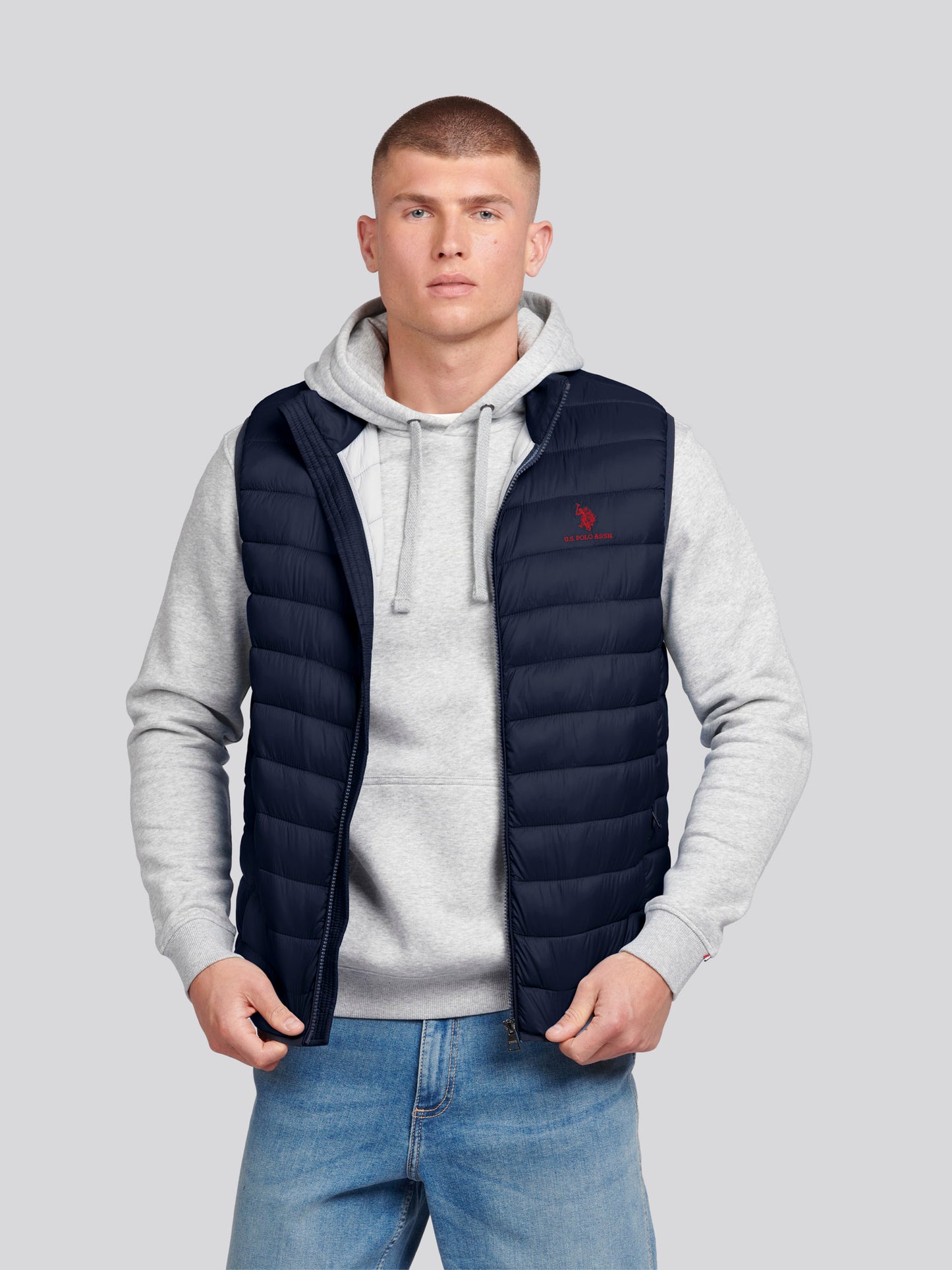 Mens Bound Quilted Gilet in Dark Sapphire Navy / Haute Red DHM