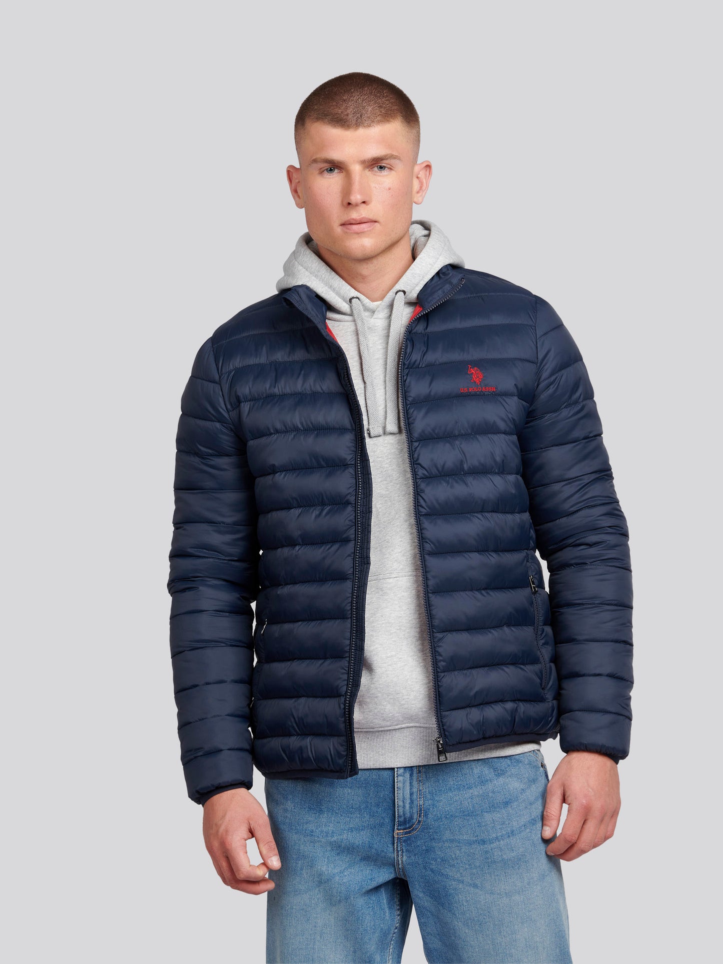 Mens Lightweight Bound Quilted Jacket in Dark Sapphire Navy / Haute Red DHM