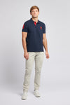 Mens Player 3 Pique Polo Shirt in Dark Sapphire Navy / Haute Red DHM