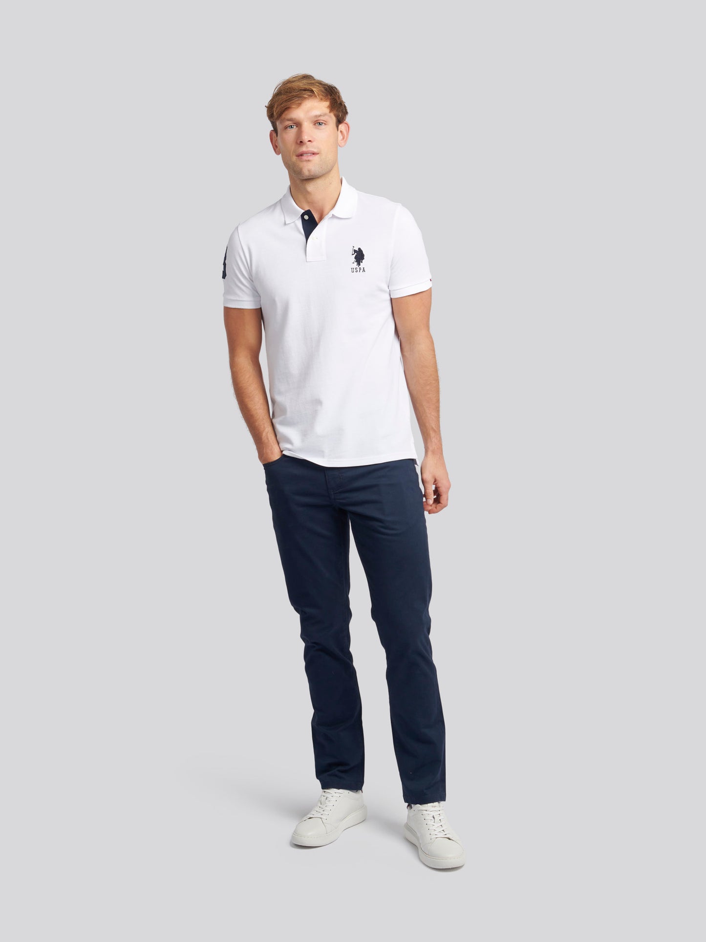 Mens Player 3 Polo Shirt in White / Dark Sapphire Navy DHM