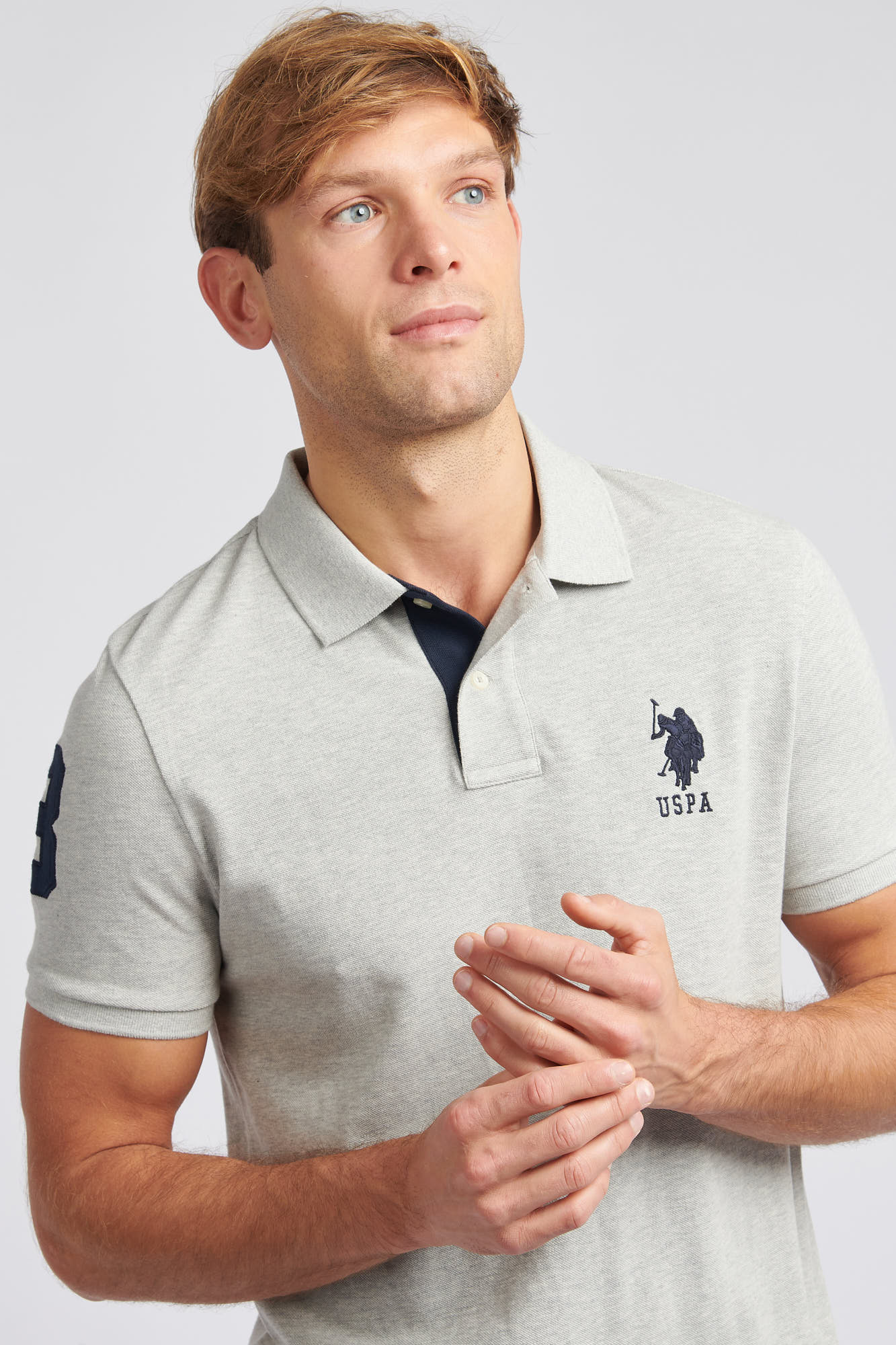 Mens Player 3 Pique Polo Shirt in Mid Grey Marl