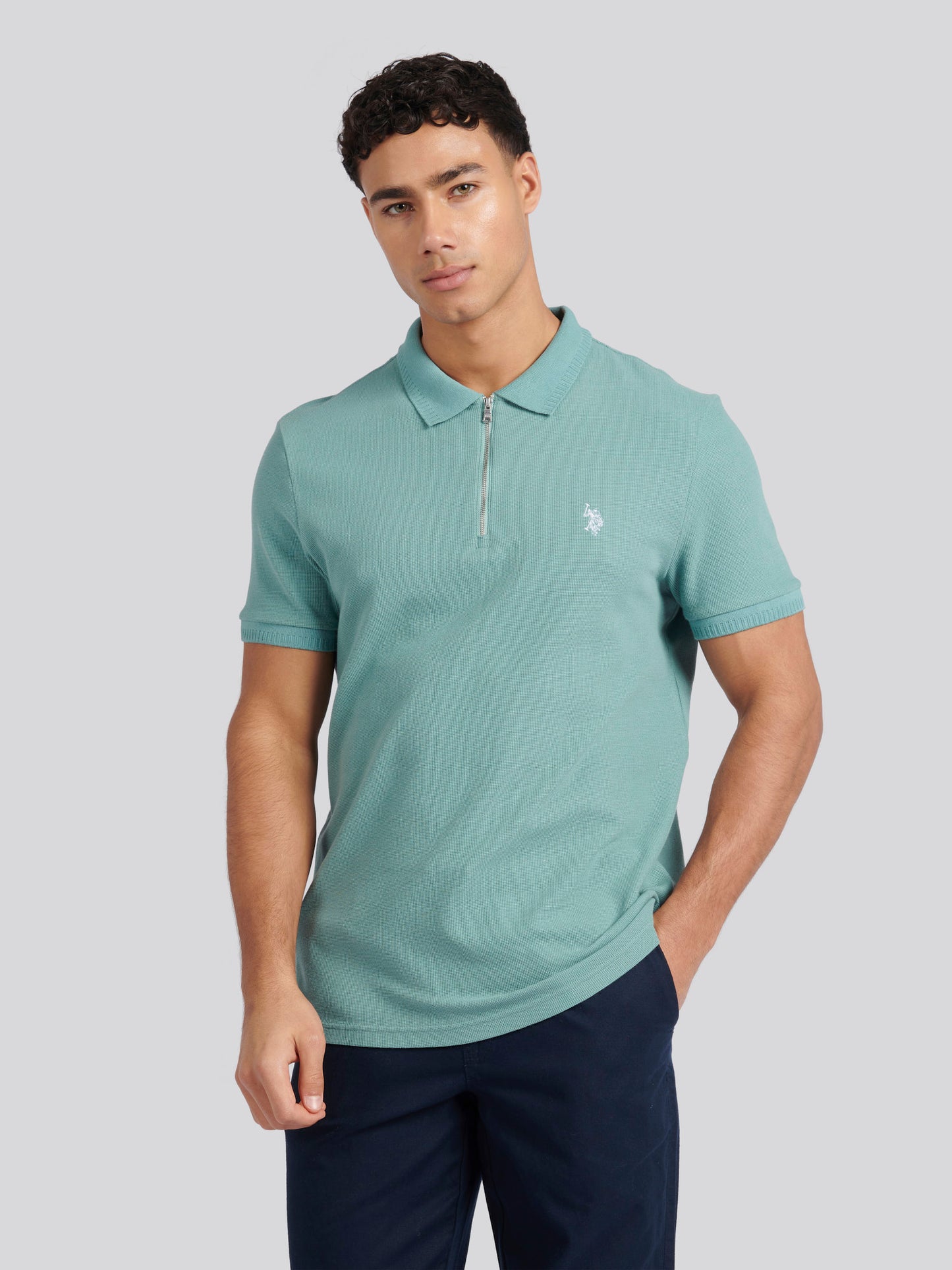 Mens Double Horsemen Texture Polo Shirt in Mineral Blue