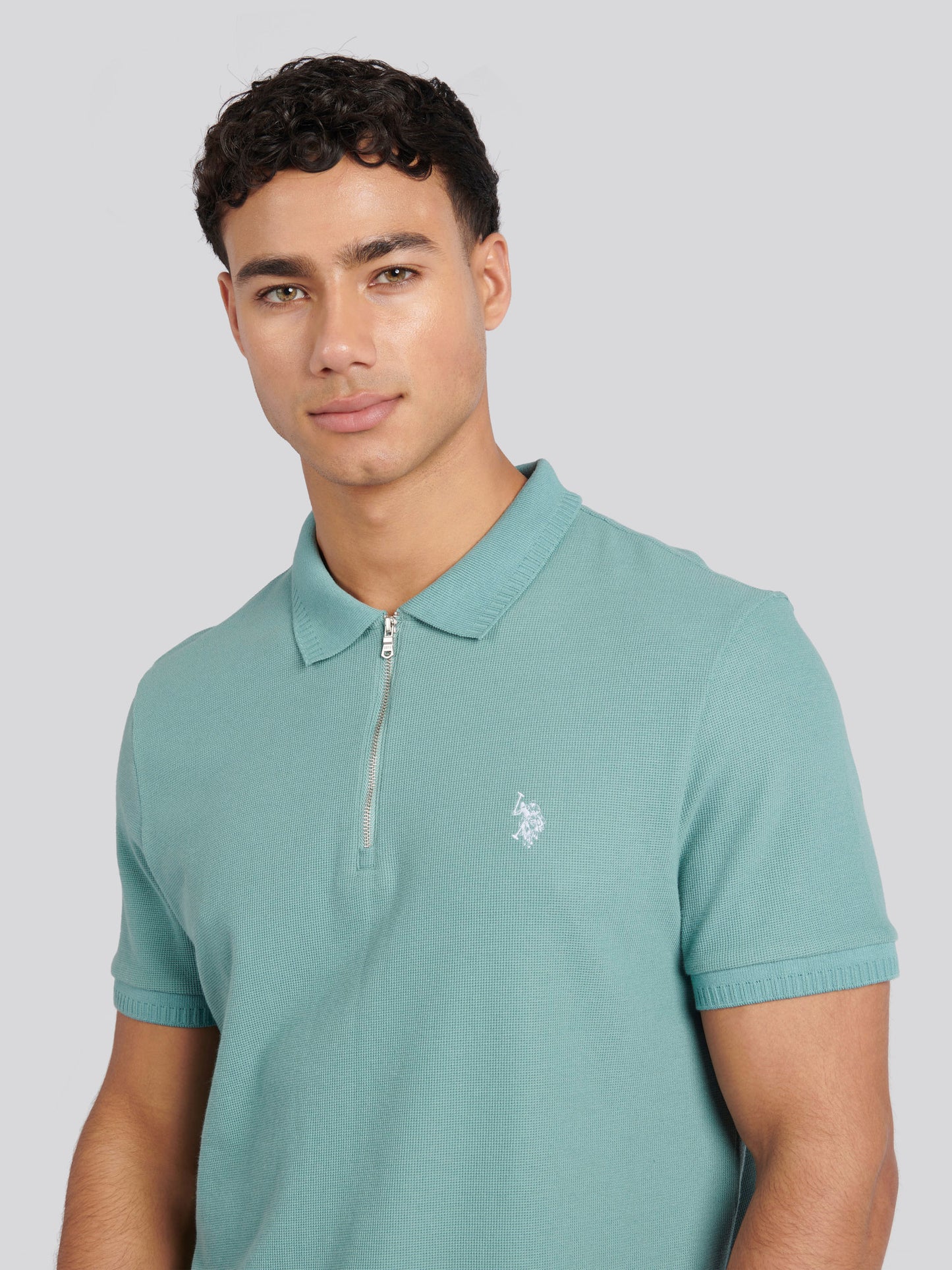 Mens Double Horsemen Texture Polo Shirt in Mineral Blue