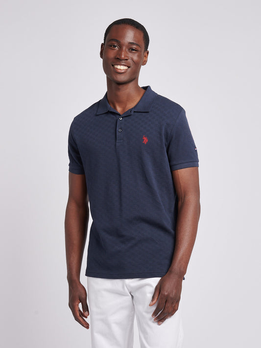 Mens Check Texture Polo Shirt in Dark Sapphire Navy / Haute Red DHM
