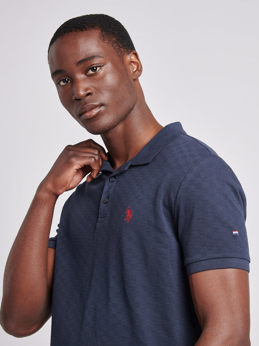 Mens Check Texture Polo Shirt in Dark Sapphire Navy / Haute Red DHM