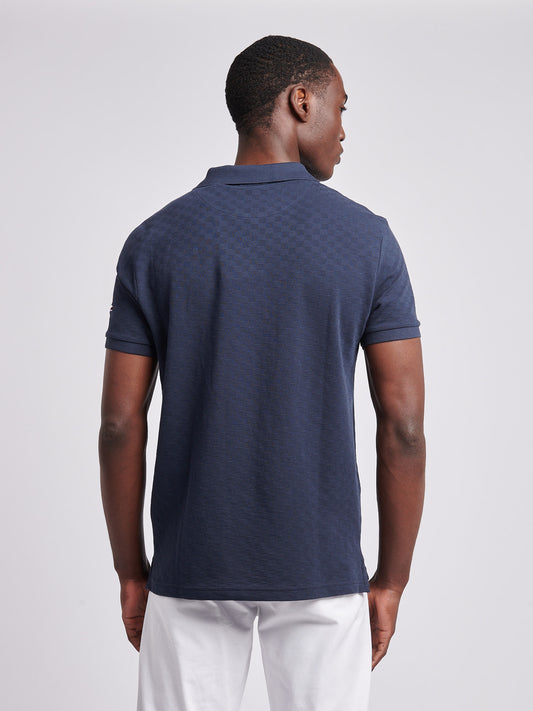 Mens Check Texture Polo Shirt in Dark Sapphire Navy / Haute Red DHM