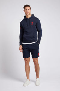 Mens Classic Fit Player 3 Sweat Shorts in Dark Sapphire Navy / Haute Red DHM