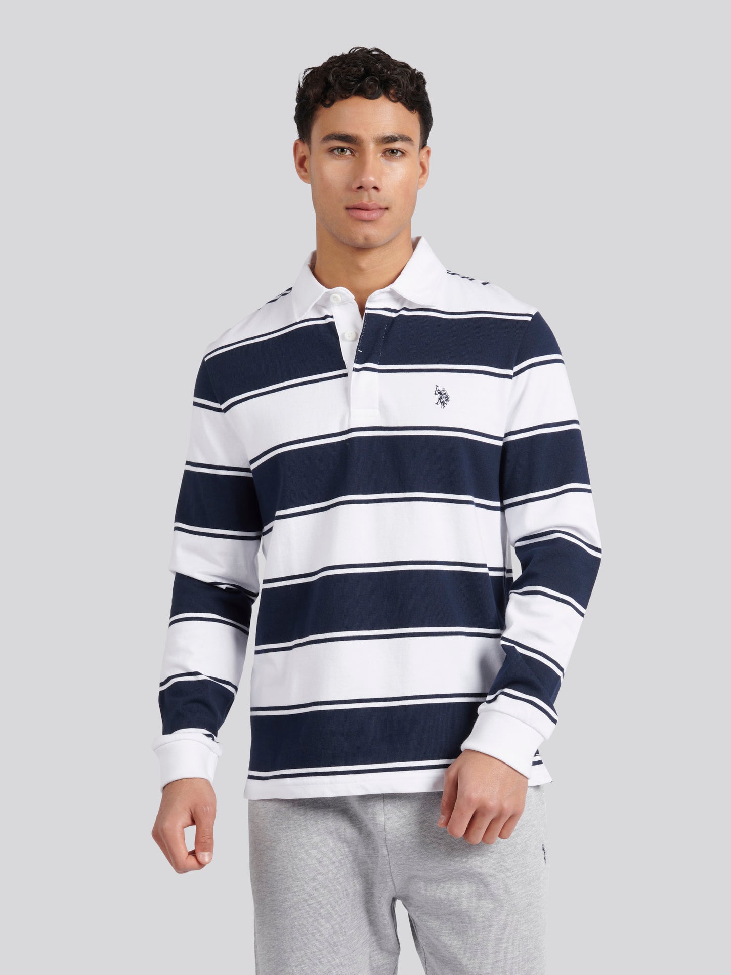 Mens Regular Fit Striped Rugby Shirt in Bright White