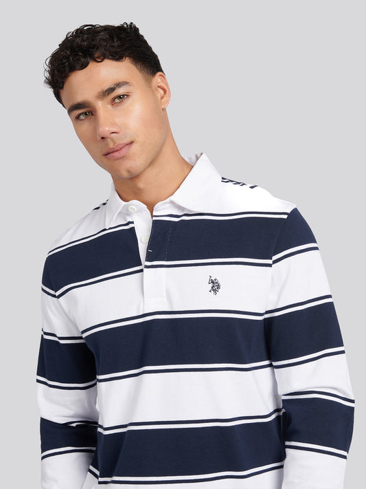 Mens Regular Fit Striped Rugby Shirt in Bright White