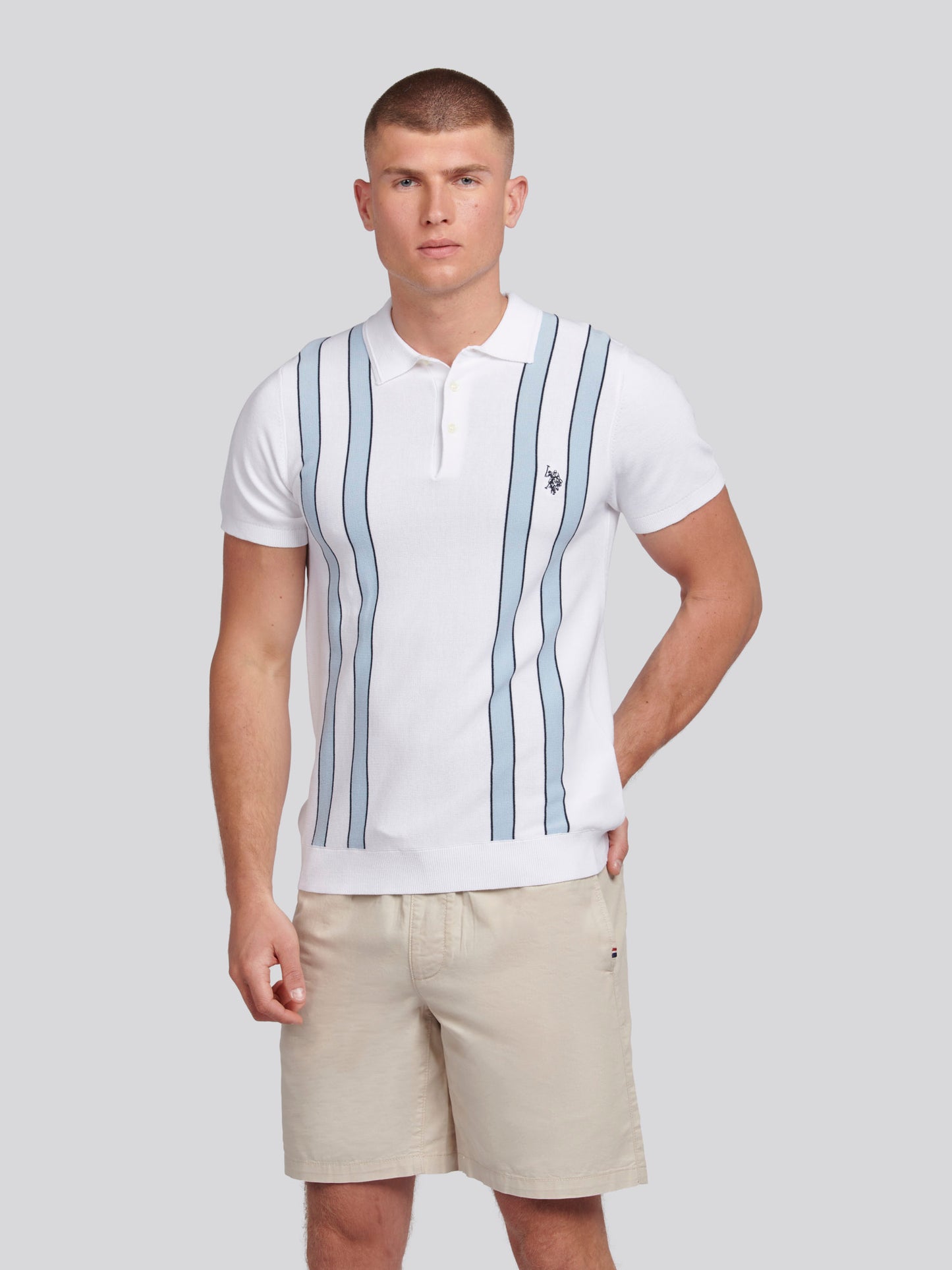 Mens Vertical Stripe Knit Polo Shirt in Bright White