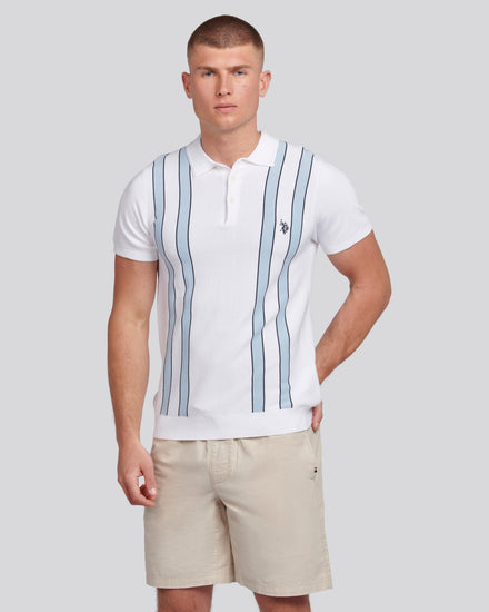 Mens Vertical Stripe Knit Polo Shirt in Bright White