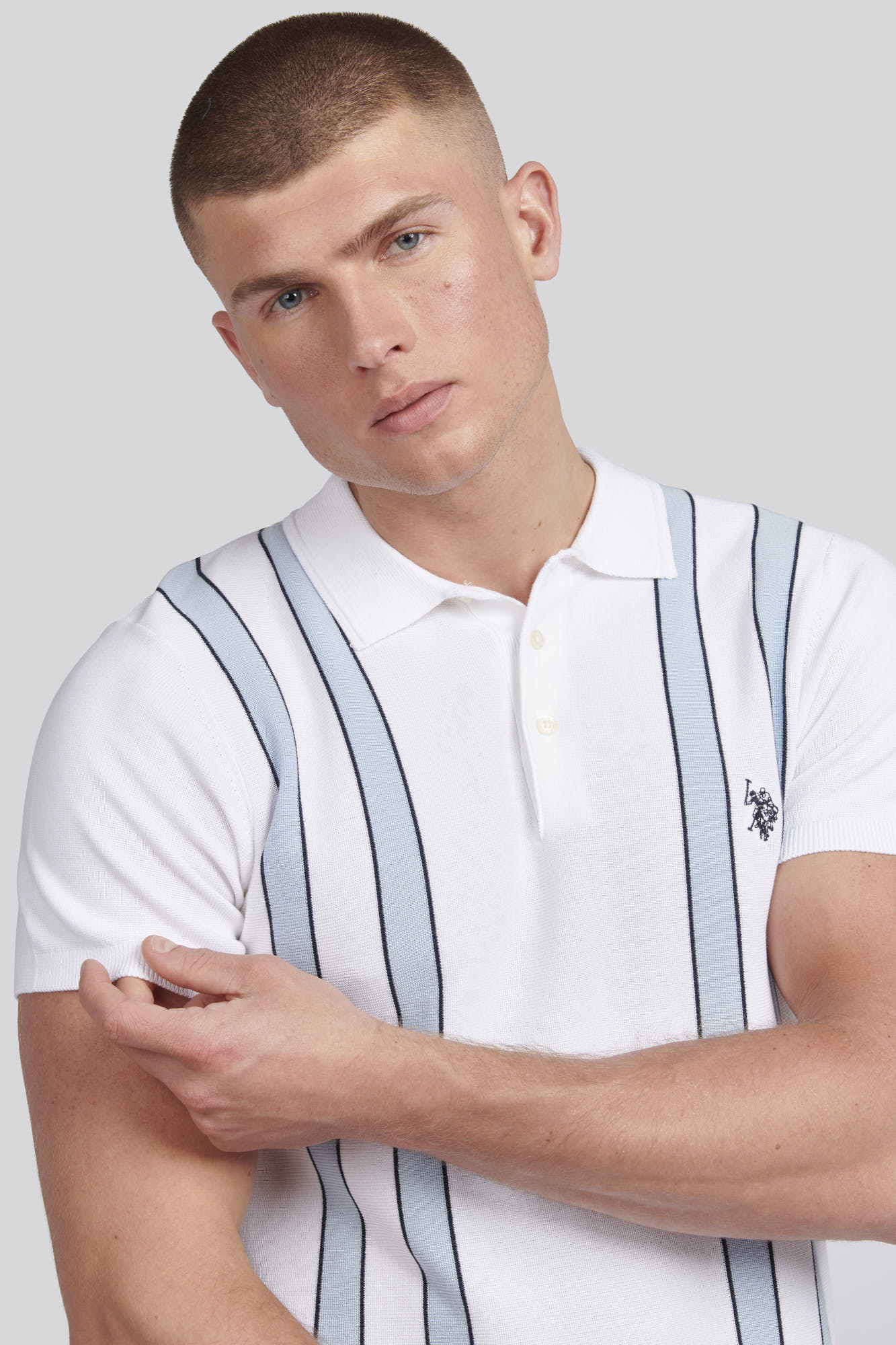 Mens Regular Fit Vertical Stripe Knit Polo Shirt in Bright White