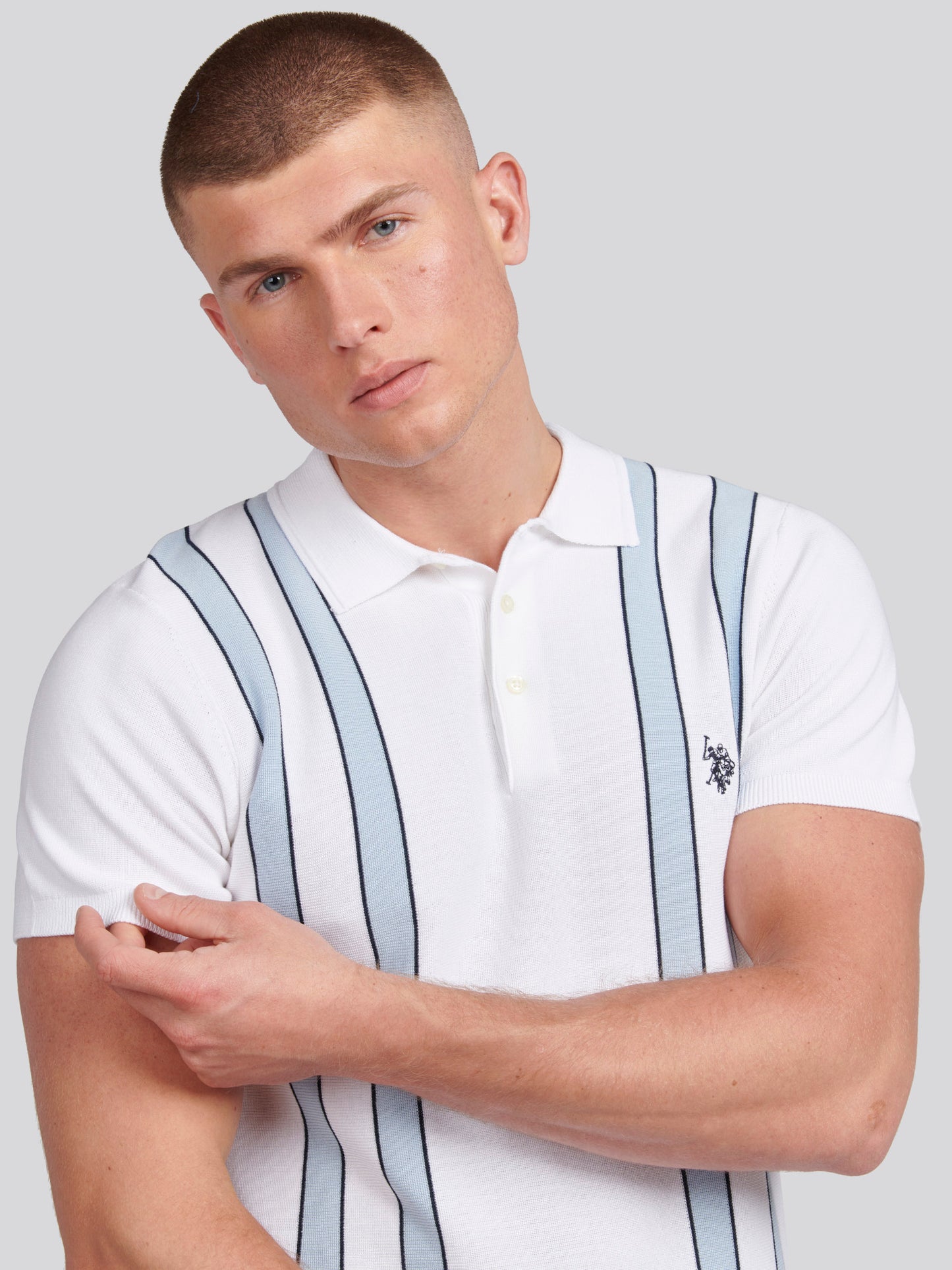 Mens Vertical Stripe Knit Polo Shirt in Bright White