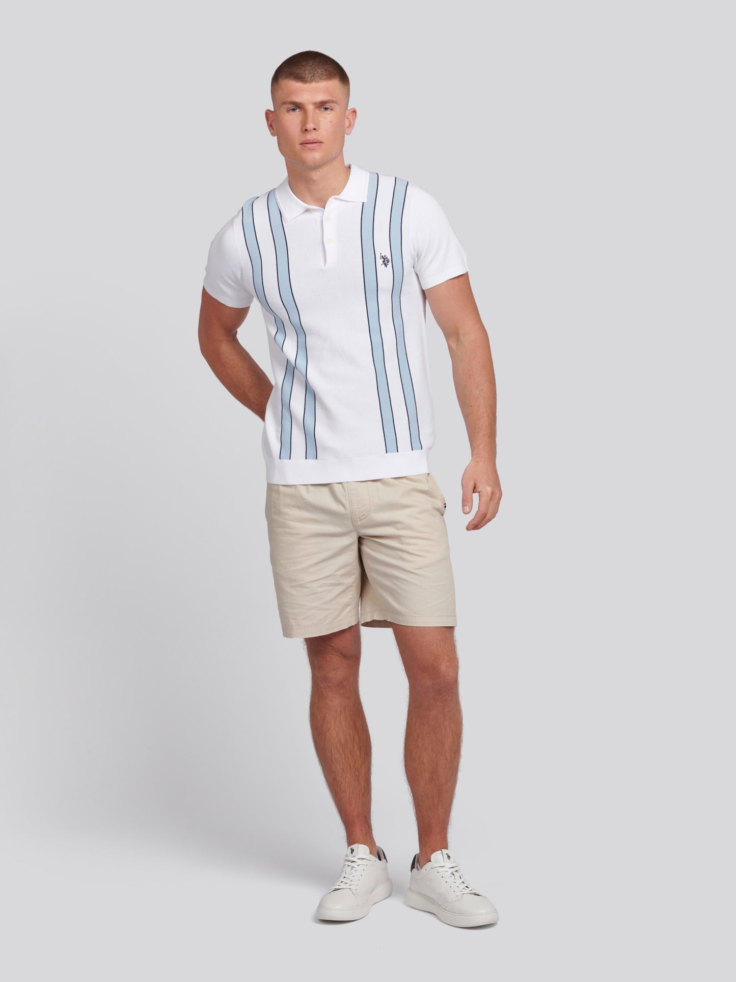 Mens Vertical Stripe Knit Polo Shirt in Bright White