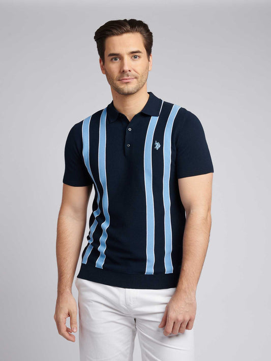 Mens Vertical Stripe Knit Polo Shirt in Dark Sapphire Navy
