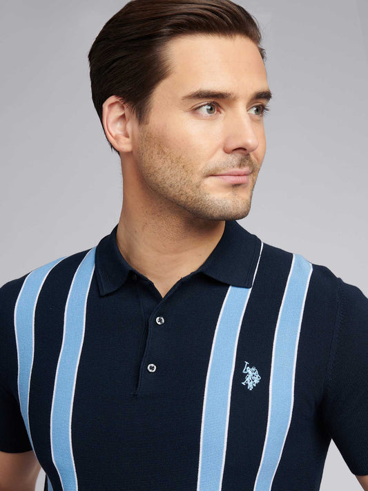 Mens Vertical Stripe Knit Polo Shirt in Dark Sapphire Navy