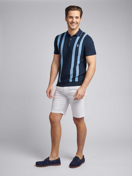 Mens Vertical Stripe Knit Polo Shirt in Dark Sapphire Navy