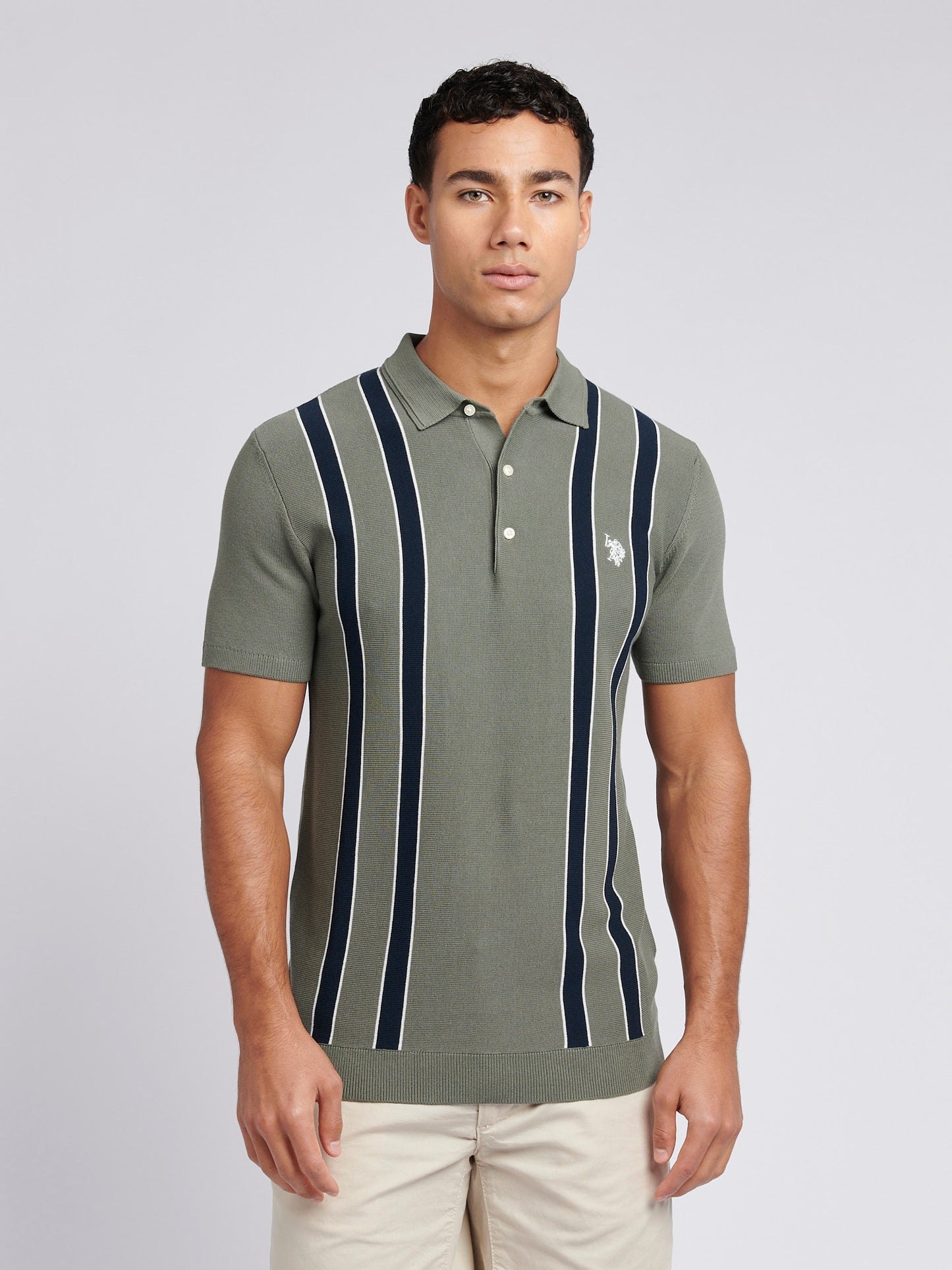 Mens Vertical Stripe Knit Polo Shirt in Mulled Basil