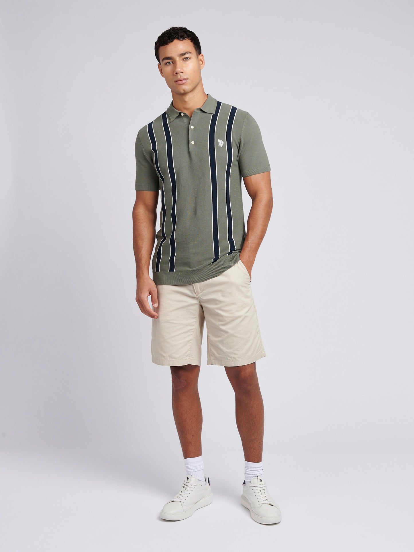 Mens Vertical Stripe Knit Polo Shirt in Mulled Basil