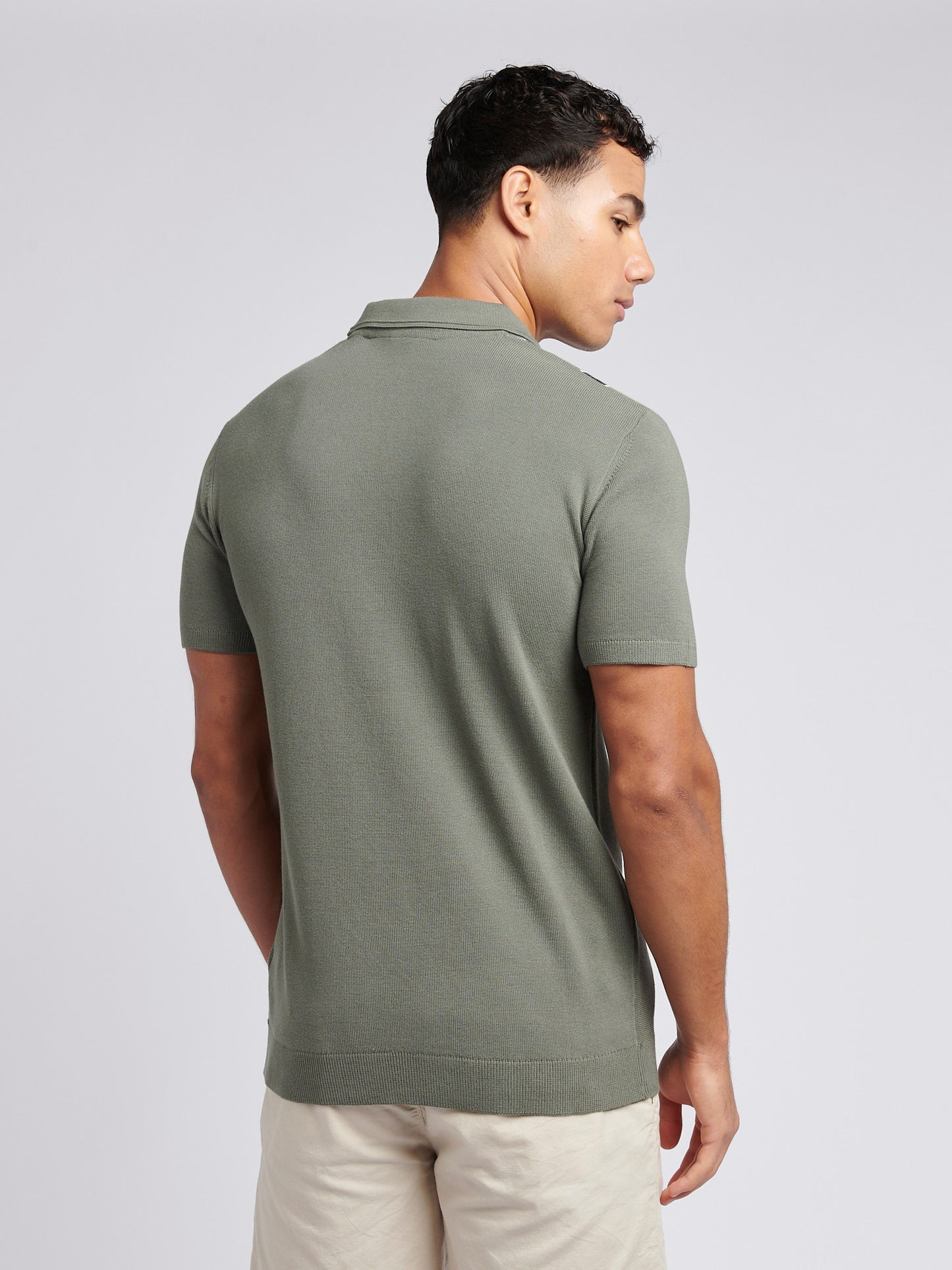 Mens Vertical Stripe Knit Polo Shirt in Mulled Basil