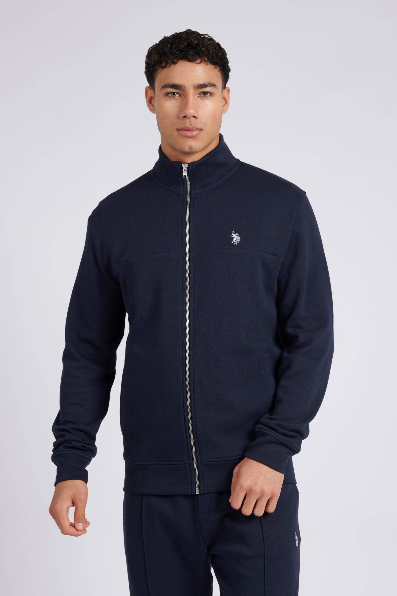 Mens Classic Fit Luxe Funnel Tracksuit Top in Dark Sapphire Navy / White DHM