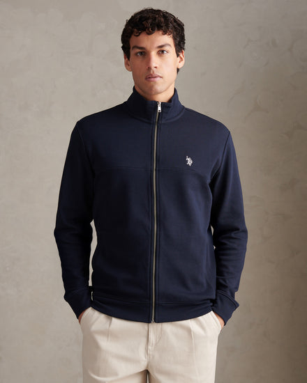 Mens Luxe Double Horsemen Zip Through Funnel Sweatshirt Dark Sapphire Navy / White DHM