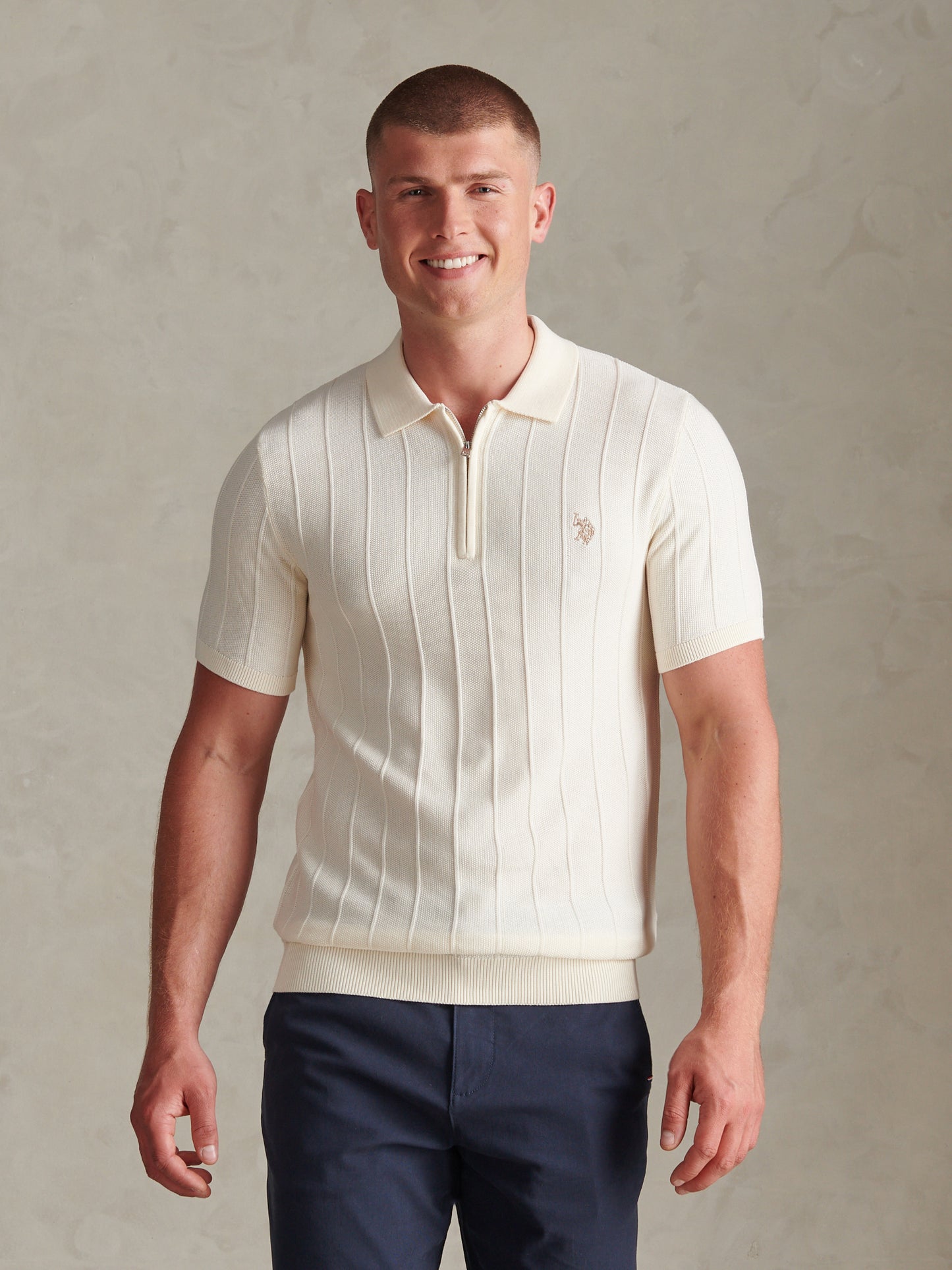 Mens Zip Knit  Polo Shirt Whisper White