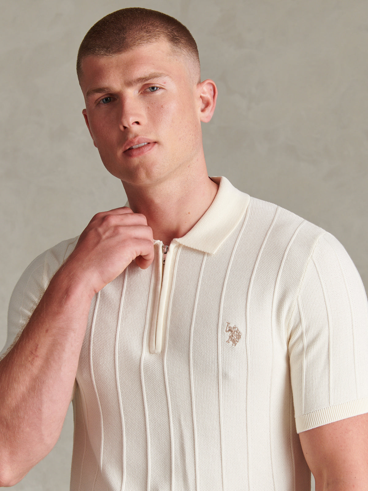 Mens Zip Knit  Polo Shirt Whisper White
