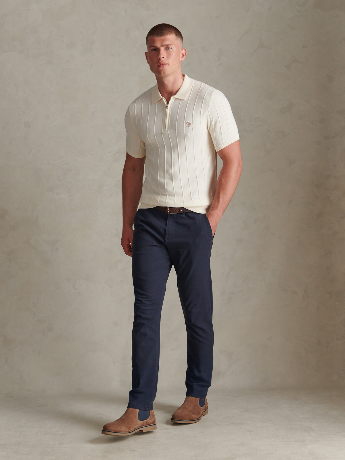 Mens Zip Knit  Polo Shirt Whisper White