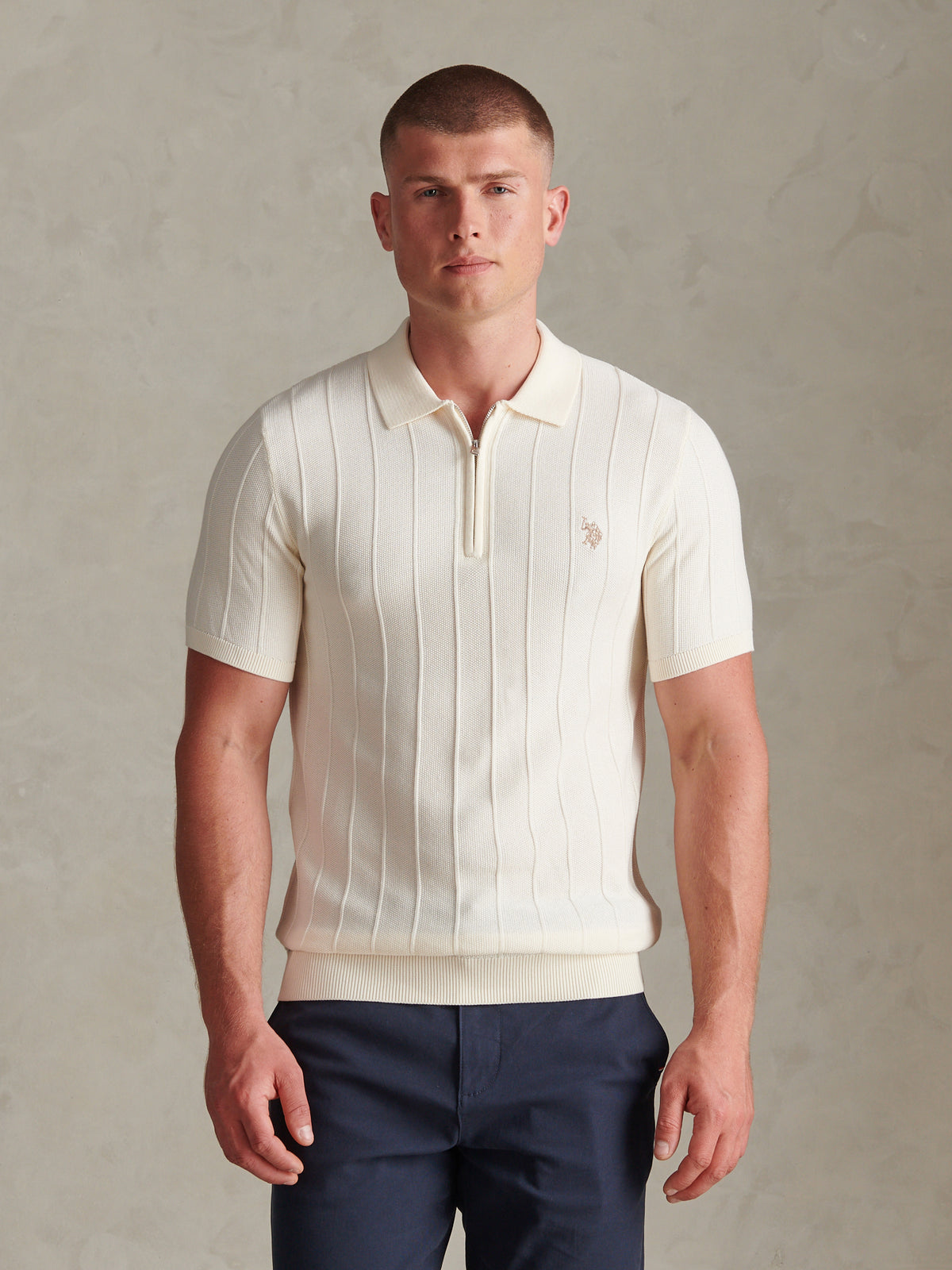 Mens Zip Knit  Polo Shirt Whisper White