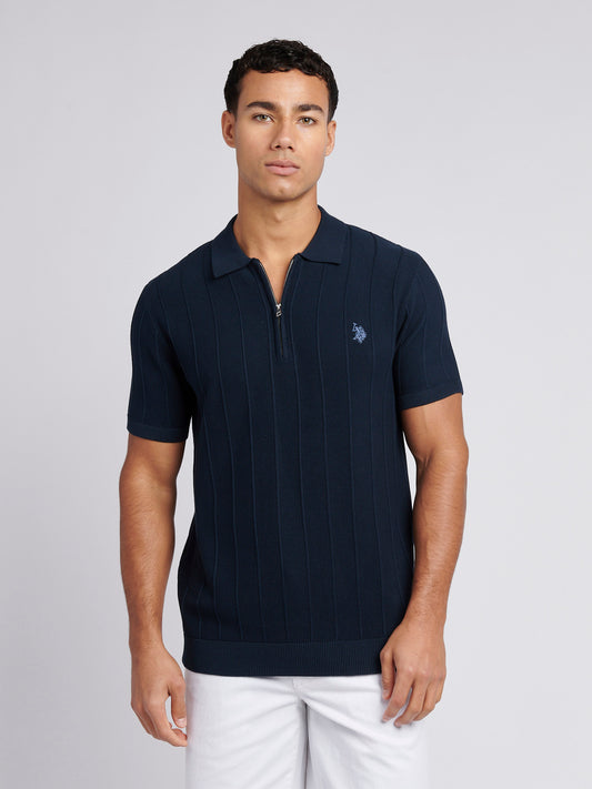Mens Zip Knit  Polo Shirt in Dark Sapphire Navy / Moonlight Blue DHM