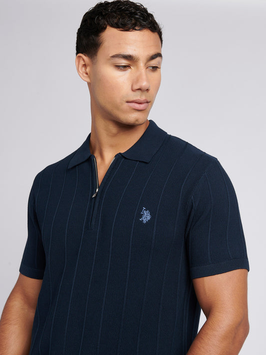Mens Zip Knit  Polo Shirt in Dark Sapphire Navy / Moonlight Blue DHM