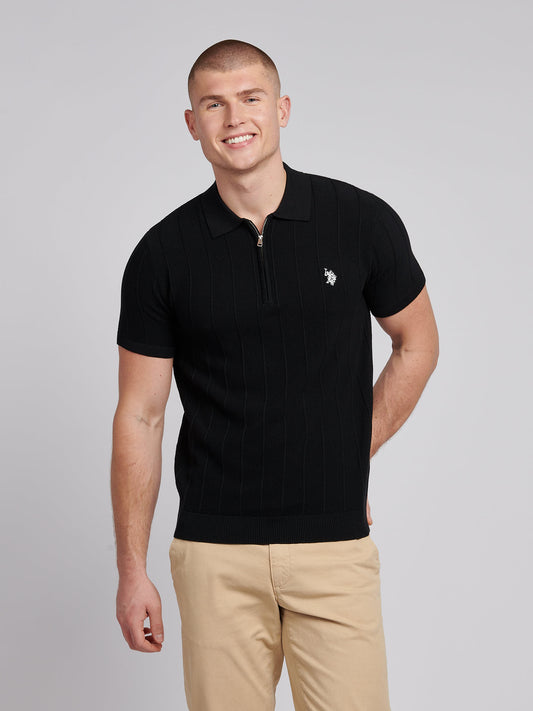 Mens Zip Knit  Polo Shirt in Black Bright White DHM
